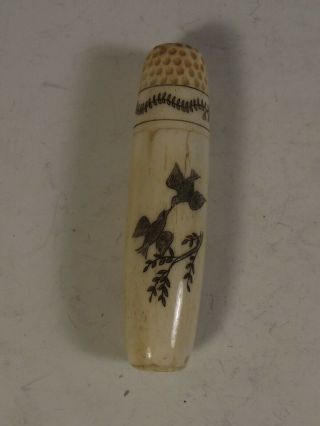 Hand Carved & Engraved Antique Sewing Needle Case & Thimble