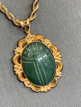 Vintage Large Jade Color Stone Egyptian Scarab Gold Plated Pendant Necklace 18”
