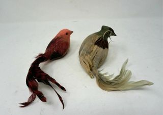 Vintage Set Of 2 Feathered Birds Christmas Ornaments Decor