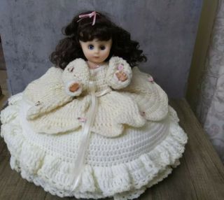 Vintage Crochet Doll Bed Pillow Brunette Blue Blinking Eyes Ivory Dress Pink