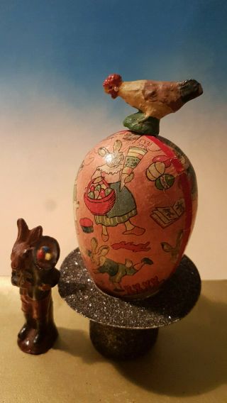Antique German Paper Mache Easter Egg Candy Container Light Pink Bunny 3,  8 Inch