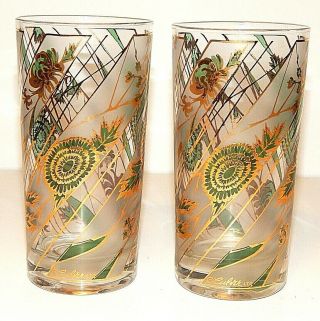 Set / 2 Culver Vintage Mid Century Highball Drinking Glasses Gold Green Tumbler