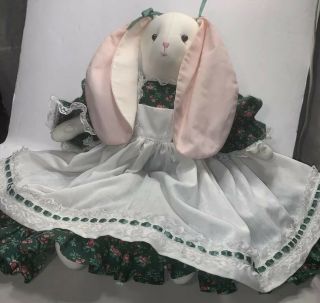 Vintage Handmade White Cloth Bunny Rabbit Doll With Green Dress & Pinafore 18 "