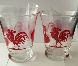 2) Vintage 1950’s Red Rooster 3” Chanticleer Double Shot Glasses Retro Farmhouse
