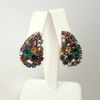 Vintage Weiss Multi Color Rhinestone Antiqued Gold Tone Paisley Clip Earrings