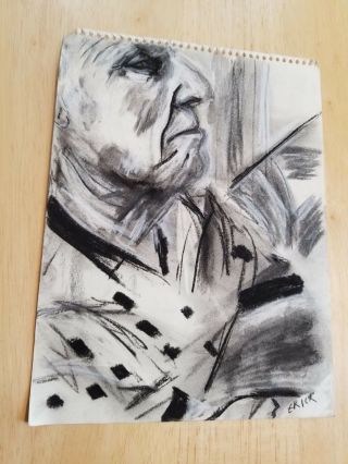 Vintage Black & White Charcoal Sketch Drawing Old Elderly Man Portrait Erica Art