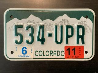 Expired Colorado Motorcycle License Plate,  2011,  Rocky Mountains,  534 - Upr