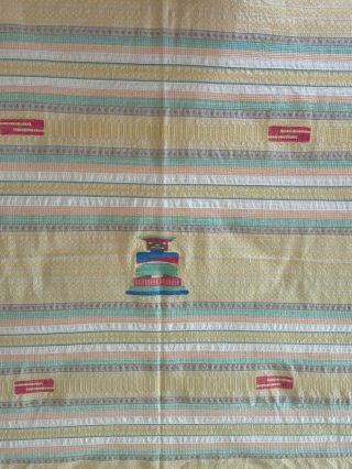 Vintage Stripped Tablecloth With A Native In The Center Yellow White Lt Green
