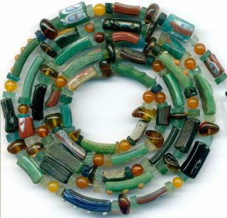 Roman Ancient Blue Glass Beads Encrusted Heishi Baltic Amber Centuries Old 32 "