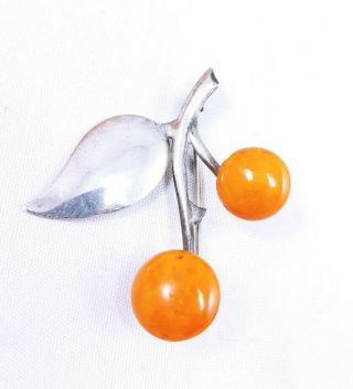 Vintage Mid Century Sterling Silver 925 Amber Flower Leaf Pin Brooch