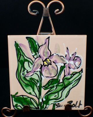 Sue Bolt Vintage H&r Johnson England Ceramic Tile W/ Hand - Painted Lilies Signed