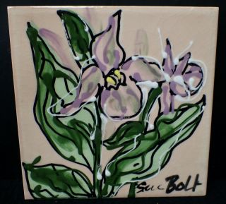 SUE BOLT Vintage H&R Johnson England Ceramic Tile w/ Hand - Painted Lilies Signed 2
