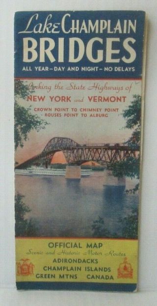 Vintage 1937 Lake Champlain Bridges Official Map York & Vermont Mx3