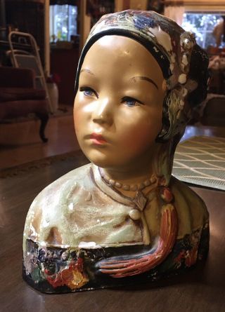 Antique Joe Celona Chalkware? Bust Of Young Chinese Woman 8 1/4” T