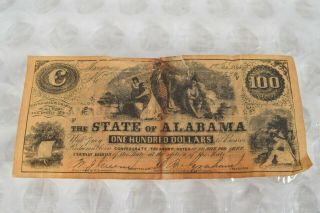 Antique Civil War Confederate $100 Bill 1864 State Alabama Note Currency