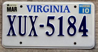 2010 7 - Digit Serif Lettering Style Blue And White Virginia License Plate