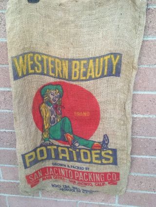 Vintage Western Beauty Potatoes 100 Lbs Burlap Potato Sack Bag Advertising