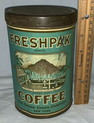 Antique Freshpak Coffee Tin Litho 1lb Tall Can Grand Union Grocery Store Ny Old