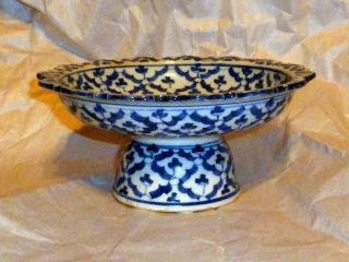 Vintage Thai Porcelain Blue,  White Pedestal Dish Made In Thailand