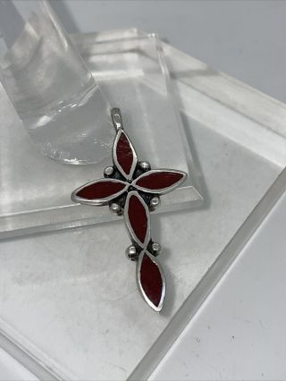 Vintage Southwest Red Coral Chip Inlay 925 Sterling Silver Cross Pendant H