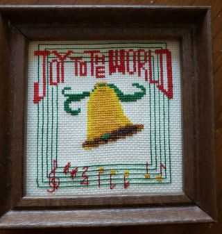 Joy To The World Completed Cross Stitch Framed Xmas Music Bell 6 Inch Square Vtg