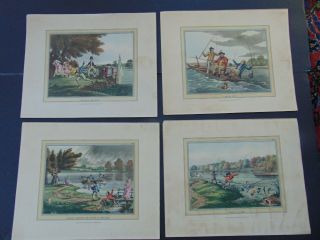 Four Antique English Fishing Color Engravings - 19th Century