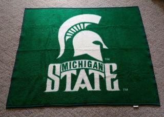 Vtg Biederlack Michigan State University Spartans 56x47 " Green White Blanket Msu