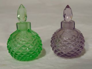 Vintage Green Purple Cut Glass Miniature Perfume Bottles Diamond Cut