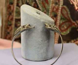 Vintage 925 Sterling Silver Cuff Bracelet W 2 Dragon 