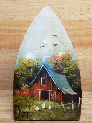 Vintage Handpainted Folk Art Country Farm Barn Small Wood Iron Note Holder