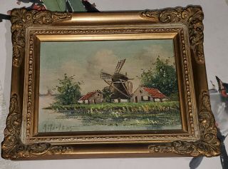 Vintage Landscape Windmills Painting Signed A Martens Oil Framed Dutch 9 " ×7 "