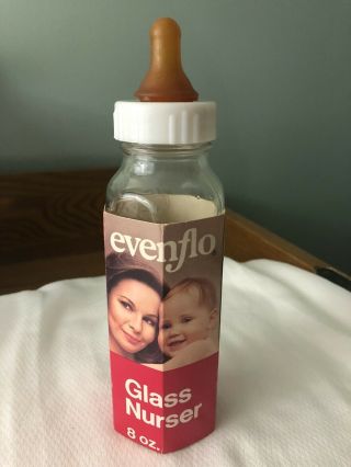 Vintage Baby Bottle Evenflo Glass Nurser Brown Nipple 8 Oz.  1977 Nos