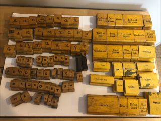 Lot Vintage Rubber Stamp Set Fairy Tales Letters Numbers Wood 93 Pieces