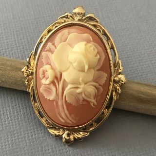 Vintage Whiting And Davis Cameo Style Carved Rose Flower Pin Brooch Gold Tone