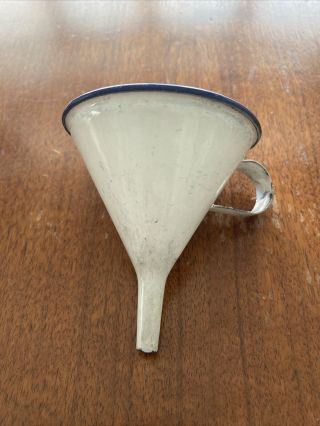 Vintage Porcelain Enamel Coated Metal Funnel With Handle White Blue Small