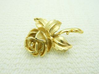 Vtg Gold Tone Heavy Clear Rhinestone Rose Flower Brooch Pin