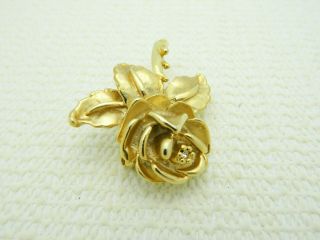 VTG Gold Tone Heavy Clear Rhinestone Rose Flower Brooch Pin 2