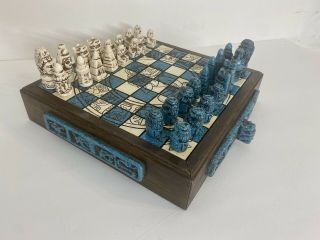 Vintage Aztec Mexico Mayan Unique Chess Board Game Turquoise Stone Antique
