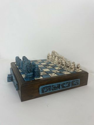 Vintage Aztec Mexico Mayan Unique Chess Board Game Turquoise Stone Antique 3