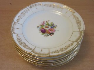 7 Antique French Old Paris Hand Painted Floral 8.  25 " Plates Fancy Gold Border