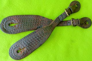 Terrific Old Vintage Antique Tooled Leather Cowboy Buckaroo Spur Straps Nr