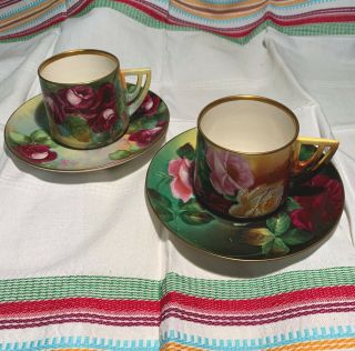 Pr.  2 Art Deco Hand Painted Cabbage Roses Austria Signed Tea Coffee Cups Saucers