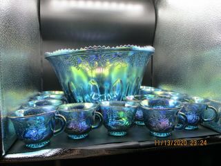 Antique Carnival Blue Leaf & Grape Pattern Glass Punch Bowl With 12 Glasses