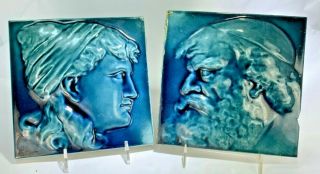 Antique Two J,  Jg Low Art Pottery High Relief Blue Glazed Portrait Tiles