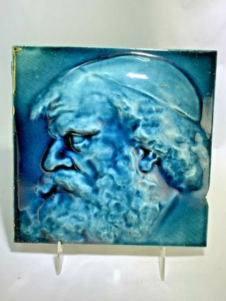 Antique Two J,  JG LOW Art Pottery High Relief Blue Glazed Portrait Tiles 2