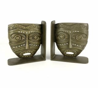 2 Vintage Cast Iron Bronze Tiki Mask Bookends Mayan Aztec Tribal Warriors Heavy