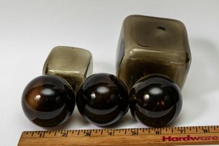 5 VINTAGE HAND BLOWN GLASS FISHING NET FLOATS - 2 CUBE SQUARES - 3 ROUND,  BROWN 2