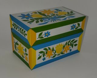 Vintage Syndicate Mfg Co Tin Metal Recipe Box Retro Yellow Orange Blue Floral