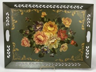 Vintage Rectangular Metal Tole Tray Green Hand - Painted Roses Flowers 21 X 16 " Aa