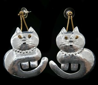 Vintage Silver & Brass Large Statement Cat Pierced Earrings 2 3/4 "